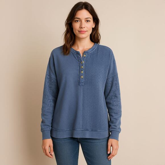 Sundance Oversized Henley Style Eyelet Print Top  Sz Small - Picture 1 of 11